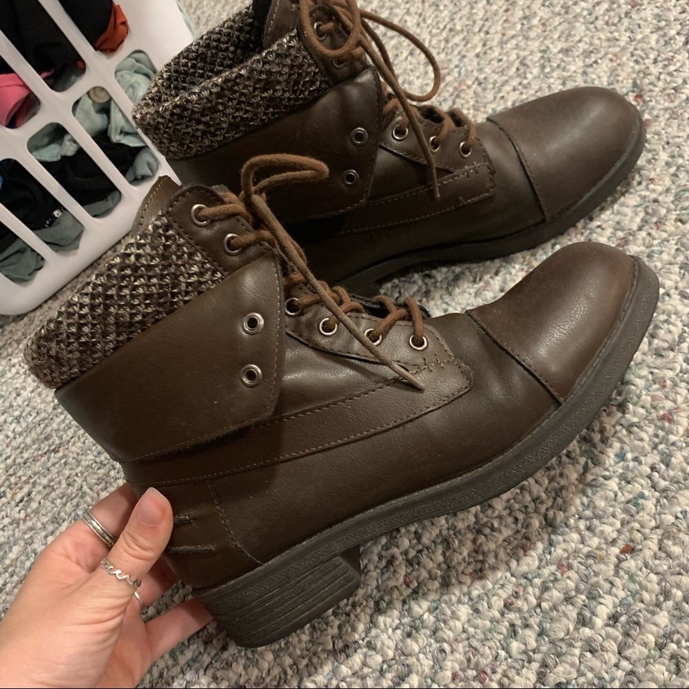 Brown sweater accent fold over boots
